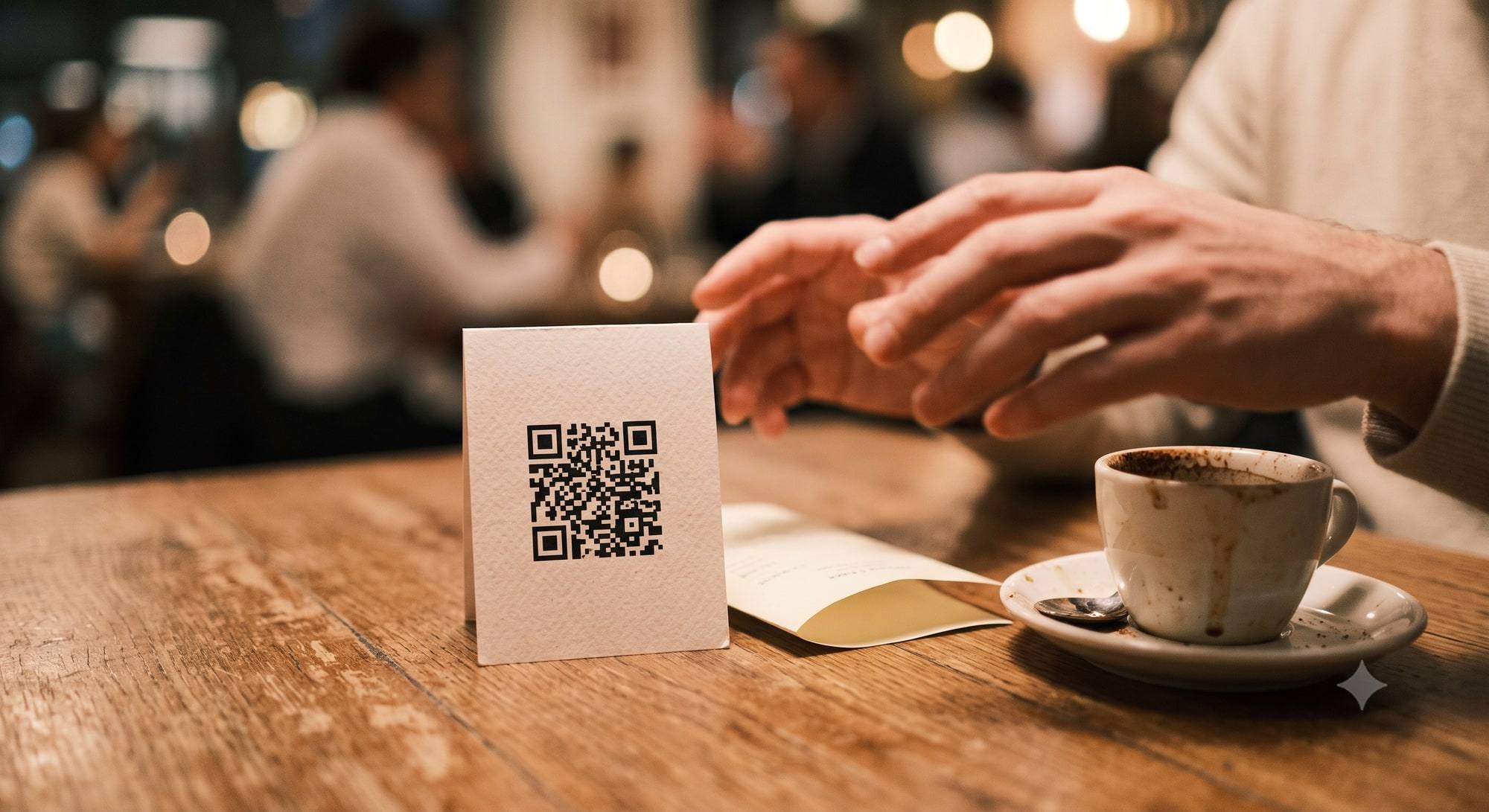 A small table card with a QR code on a restaurant table, next to the bill and an empty espresso cup